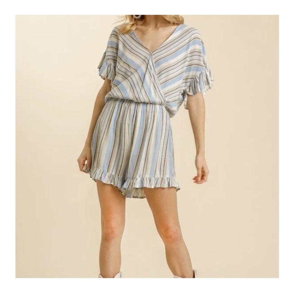 Ladies Umgee Sky Blue Ruffle Sleeve Romper